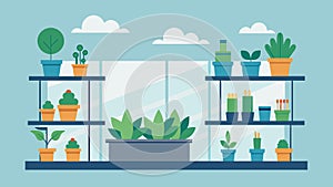 Potted plants line the shelves and windowsills adding a touch of nature to the store and purifying the air.. Vector photo