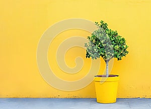 A potted tree against a yellow wall. copy space.