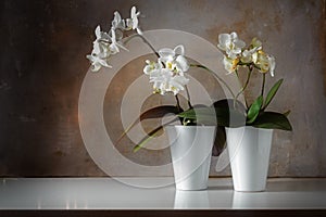 Potted white orchids Phalaenopsis on a shiny sideboard in fron