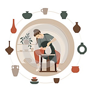 Potter girl. A woman sculpts a clay vase behind a potter's wheel