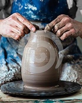 Potter hands making in clay on pottery wheel. Potter makes on the pottery wheel