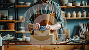 The potter packing ceramics. AI generated