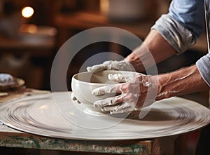 Potter& x27;s hands meticulously shaping a clay bowl on a pottery wheel, capturing the essence of craftsmanship.