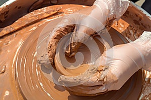 Potter`s hands work with clay on a potter`s wheel.