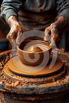 Potter shaping clay on a wheel