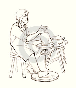 Potter at work. Pencil drawing