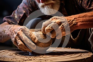 a potters hand carving a piece of clay on a wheel