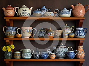 Pottery backgrounds, ceramics and shelf in studio, creative store or manufacturing startup. Clay products, collection