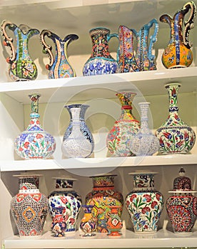 Pottery, ceramic vases, decorated with various patterns, are sol