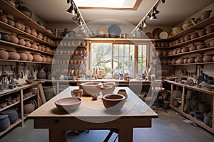 pottery and ceramics studio, filled with the tools of the trade and finished pieces