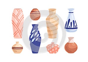 Pottery and earthenware set. Crockery objects of different shapes, sizes and colors. Modern ceramic, clay and porcelain