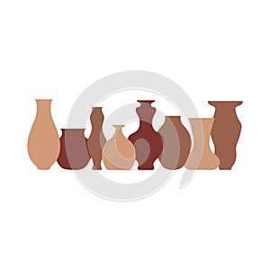 Pottery flat poster. Handmade ceramic vase and pots . Pottery hobby. Banner for your Studio or shop. Horizontal format. Vector
