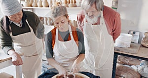 Pottery, group and teacher mold clay in studio or workshop learning with instructor woman, coach or trainer. Lesson, art