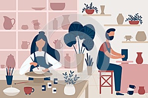 Pottery hobby. Handcrafted earthenware, people decorating pots and handicraft pottery workshop flat vector illustration