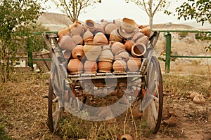 Pottery Jugs In Wooden Cartload, Handmade Ceramic Clay Crockery