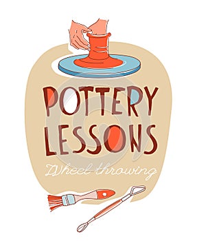 Pottery Lessons. Traditional pottery making, hands shaping vase on wheel