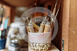 Pottery loops, scrapers and stacks. Tools for working with clay and ceramics