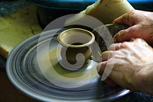 Pottery making process. Ceramic from clay. Potter in work. Art of pottery