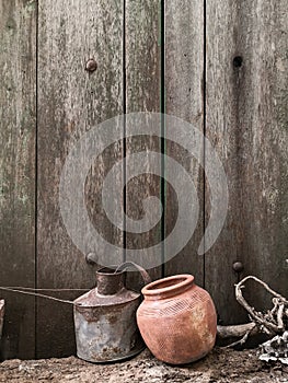 Pottery and old wooden background