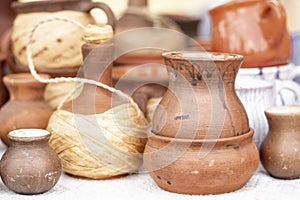 Pottery. Pottery market in village Oposhnya, center of pottery production. Different pottery products: bowls, vases, jars on the