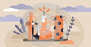 Pottery vector illustration. Flat tiny clay forming vessels persons concept