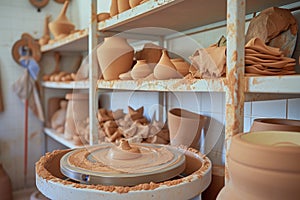 pottery wheel and clay pieces on a shelf in a home studio