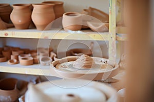 pottery wheel and clay pieces on a shelf in a home studio