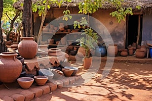 a pottery wheel and clay pots in a village yard