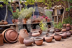 a pottery wheel and clay pots in a village yard