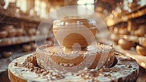 Pottery wheel creating ceramic pot in workshop