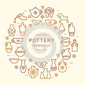 Pottery wheel, potter, clay horse, and other ceramic products in the icon set in flat style with a doodle. Circle template pottery