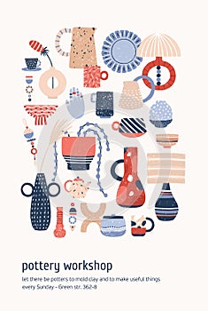 Pottery workshop advertising poster vector template. Modern ceramics, clay crockery flat illustration. Pottery lesson