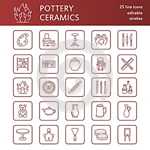 Pottery workshop, ceramics classes line icons. Clay studio tools signs.