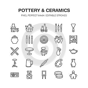 Pottery workshop, ceramics classes line icons. Clay studio tools signs. Hand building, sculpturing equipment - potter