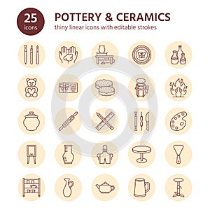 Pottery workshop, ceramics classes line icons. Clay studio tools signs. Hand building, sculpturing equipment - potter