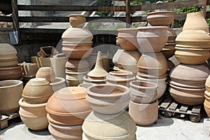 Pottery workshop place with a lot of big traditional clay pots