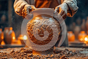 Pottery workshop scene: Talented artist shaping a beautiful vase on the pottery wheel