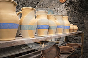 pottery workshop and store of pottery and jugs. Kamianets-Podilskyi, Khmelnytskyi region. Ukraine