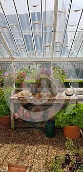 Potting shed table in greenhouse.