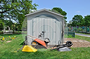 Potting shed and wheelbarrows