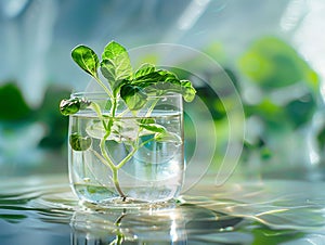 Potus plant growing in glass vase with water.