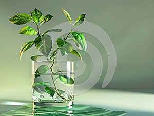 Potus plant growing in glass vase with water. photo