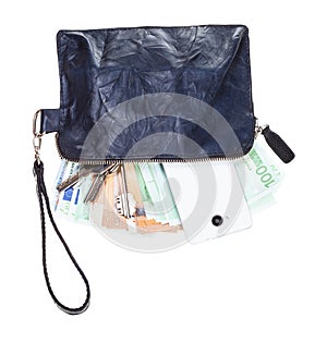 Pouch bag with phone, door keys and euros isolated