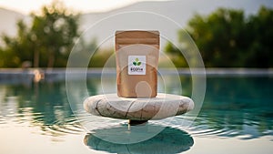 The pouch s simple design features a leaf logo emphasizing an eco friendly theme