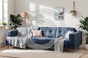 Pouf on blue carpet in bright living room interior with grey chair and settee against the wall with gallery