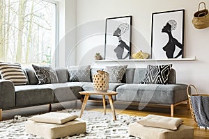 Poufs on carpet in bright african living room interior with grey photo