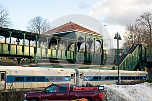 A landscape view of the historic Poughkeepsie Railroad station, a Metro-North Railroad and