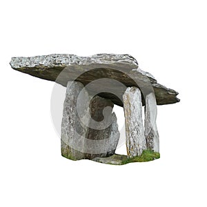 Poulnabrone dolmen isolated on white background. It is large dolmen or portal tomb located in the Burren, County Clare, Ireland.