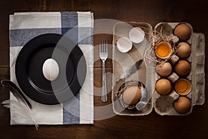 Poultry eggs flat lay still life rustic with food stylish