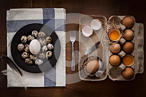 Poultry eggs flat lay still life rustic with food stylish